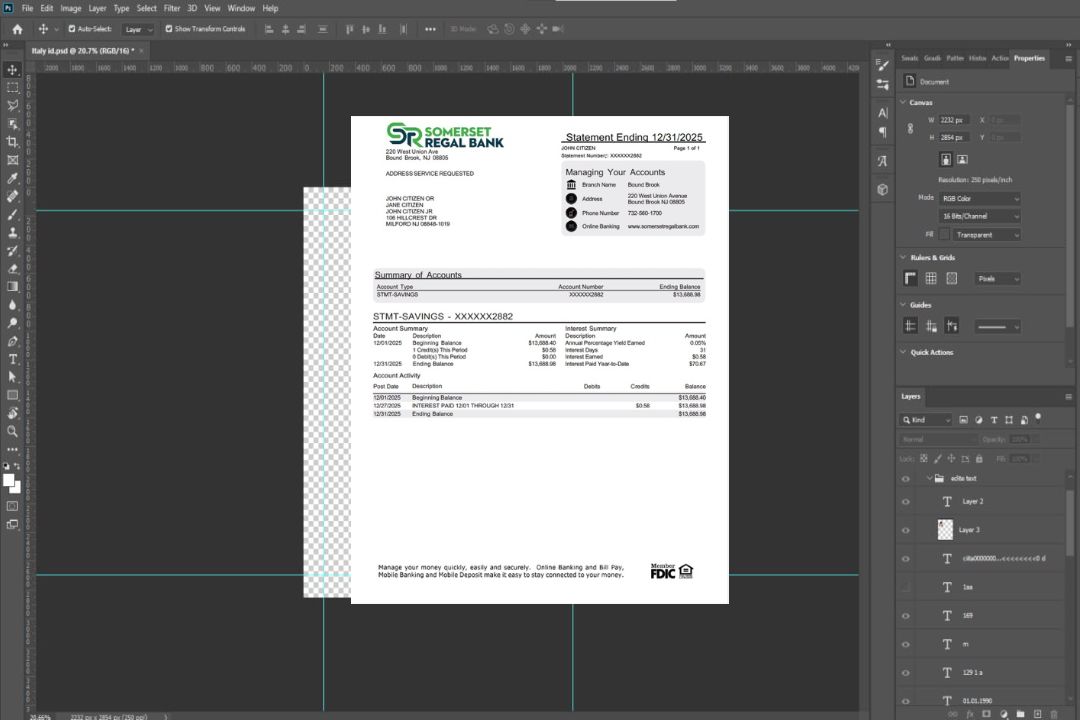 États-Unis Relevé de compte Somerset Regal Bank Modèle Word et PDF template